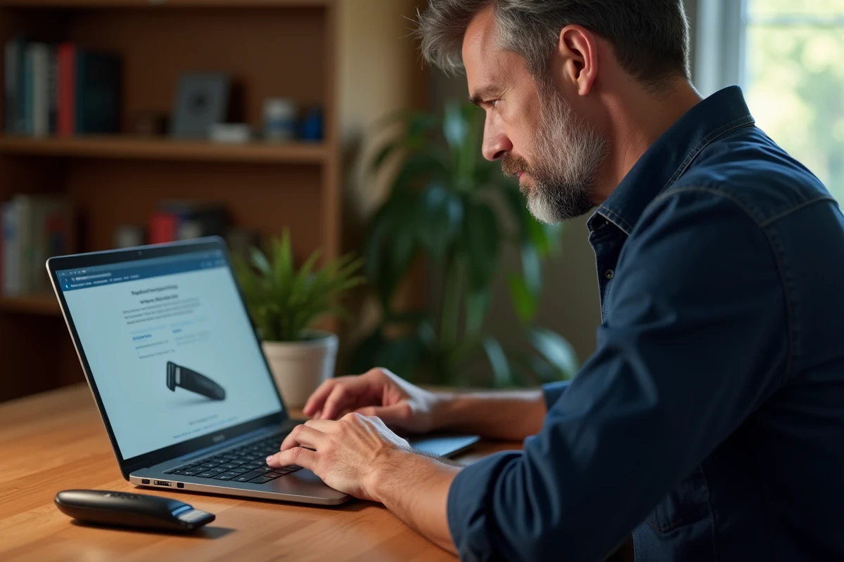Homme vérifiant la compatibilité de son OneBlade sur un ordinateur portable dans un bureau à domicile