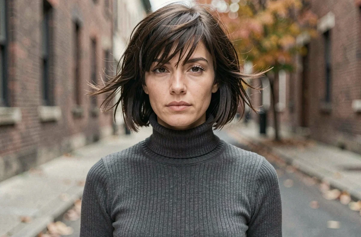 Femme avec un wolf cut court et des couches effilées en extérieur urbain en automne, style décontracté et naturel
