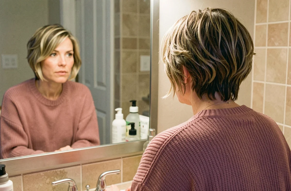 Femme avec un wolf cut court blond et brun ondulé devant un miroir de salle de bain à domicile, coiffure texturée avec reflets naturels
