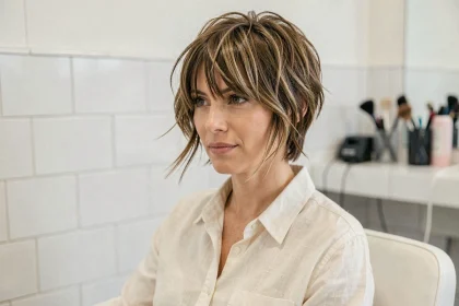 Femme aux cheveux courts en wolf cut avec frange rideau et couches texturées, coiffure naturelle et décontractée dans un salon moderne