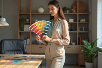 Femme élégante tenant un nuancier de couleurs tendance 2025