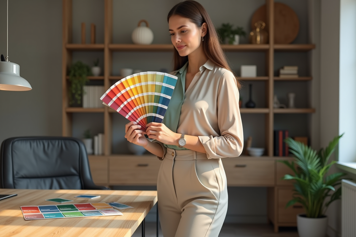 Femme élégante tenant un nuancier de couleurs tendance 2025