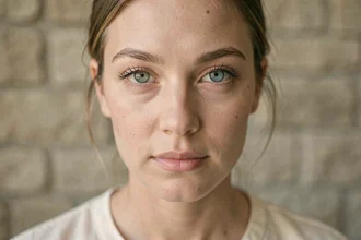 Gros plan sur les yeux bleu vert gris d'une jeune femme, mettant en évidence les nuances chromatiques de l'iris