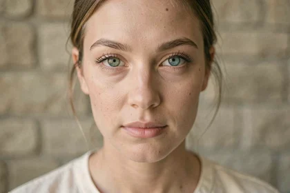 Gros plan sur les yeux bleu vert gris d'une jeune femme, mettant en évidence les nuances chromatiques de l'iris