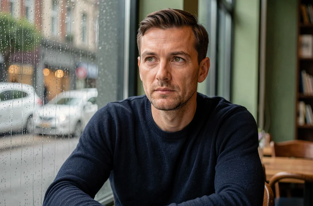 Portrait d'un homme aux yeux noisette verts assis dans un café, illustrant la différence entre yeux noisette et yeux gris